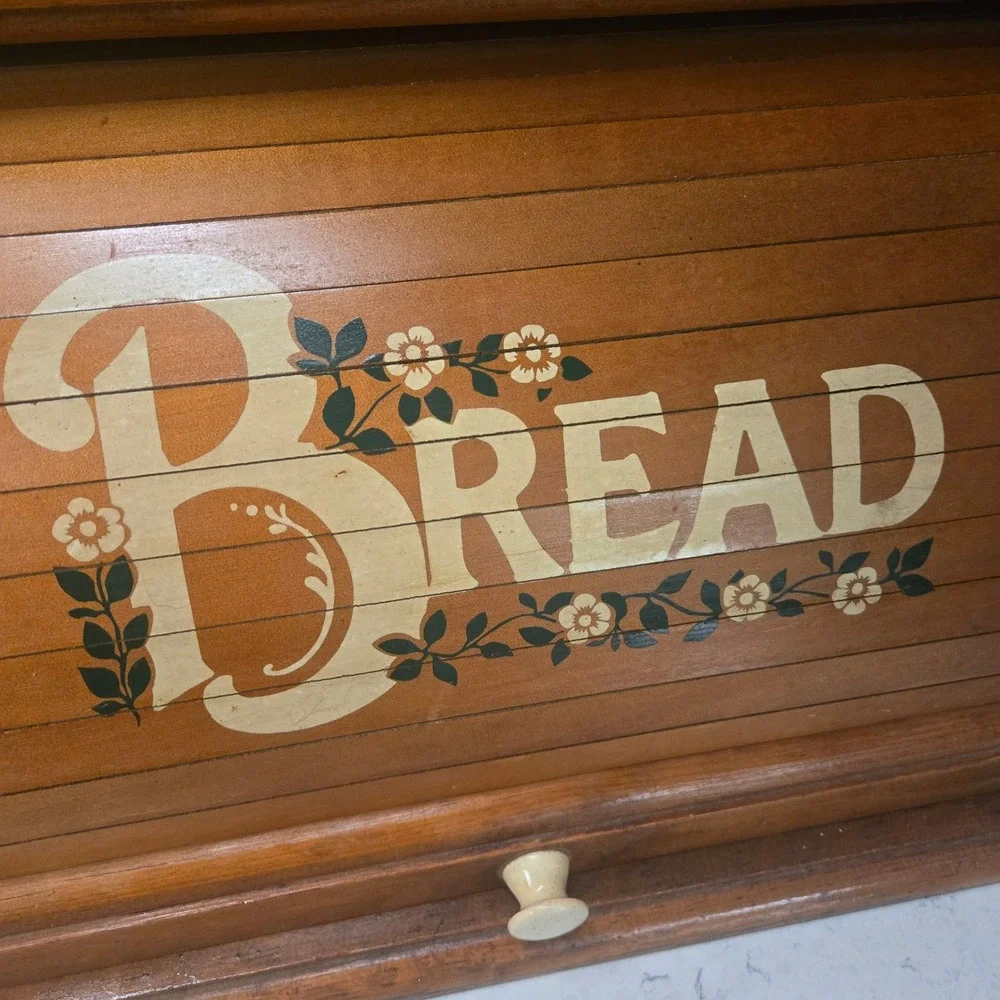 Vtg 70s Wood Roll Top Bread Box Country Farmhouse Cottage Floral 18x11.5x11 VGC